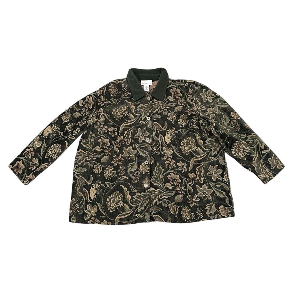 Susan Graver Tapestry Jacket Floral Women's Plus Size 3X Olive Green Earth Tones